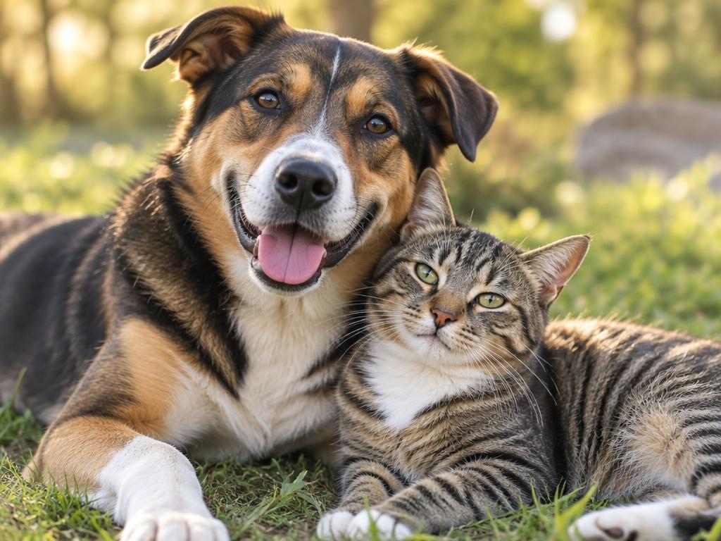 A rescue dog and cat resting together in the sun